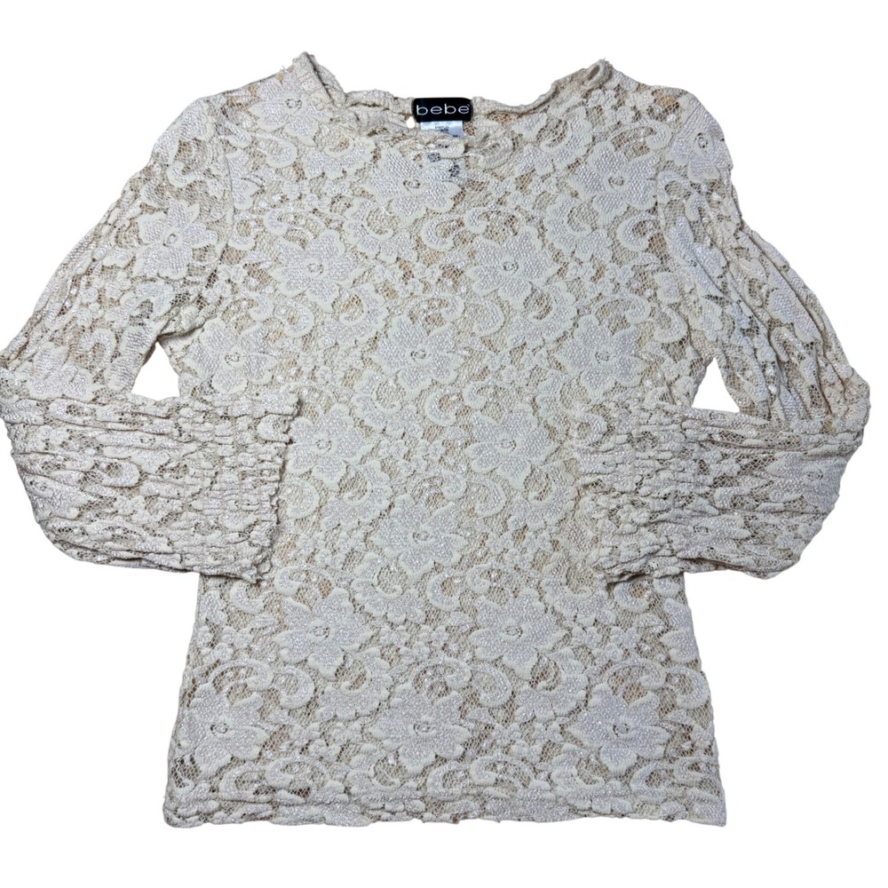 Vintage Bebe Floral Lace Top Cream Long Sleeve S Whimsigoth Fairy Boho Festival